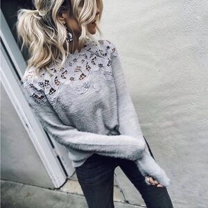 Vici Light Gray Lace Detail Sweater